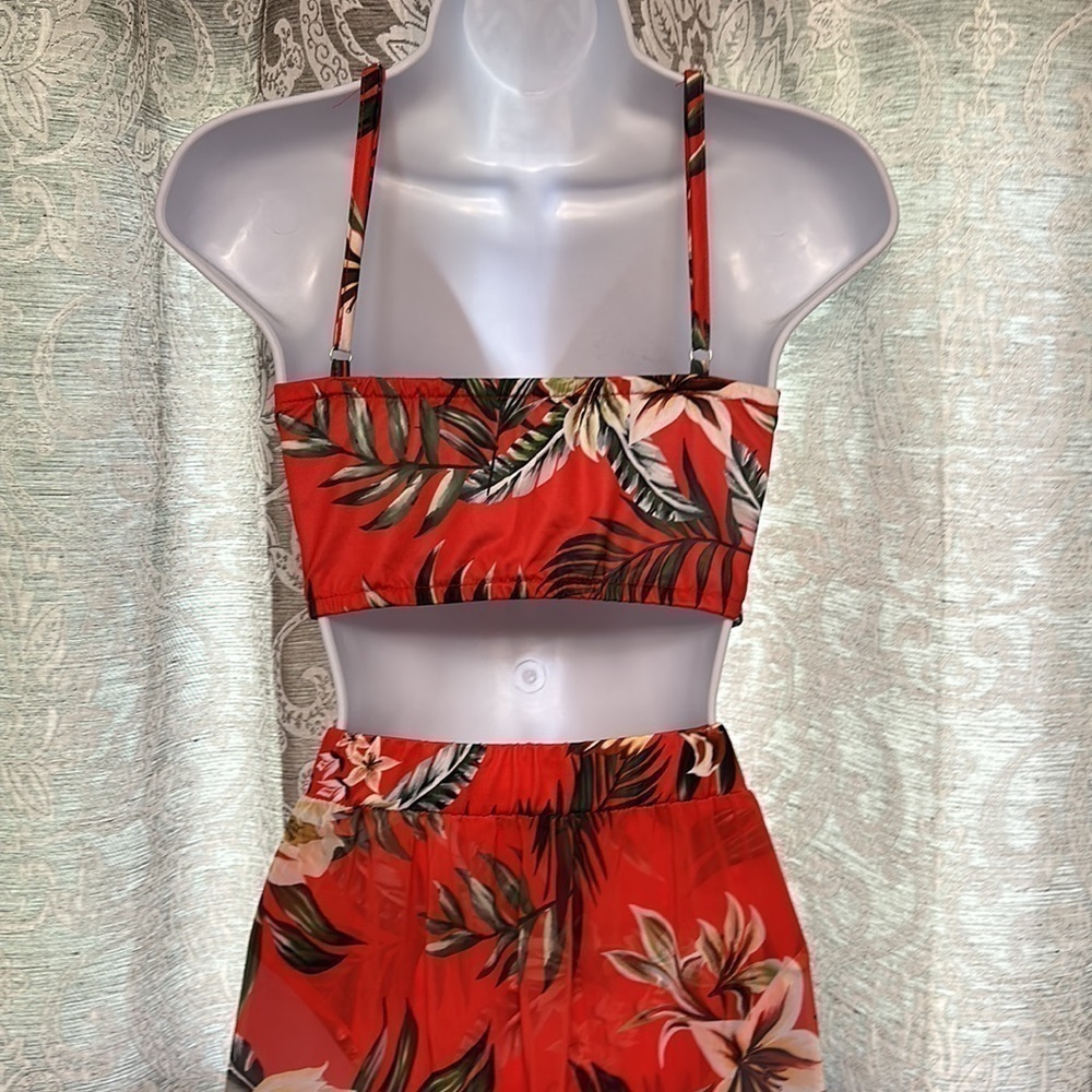 TROPICAL Two Piece Skirt Set Red Size Large Palm Print Lillies Summer - Picture 8 of 16